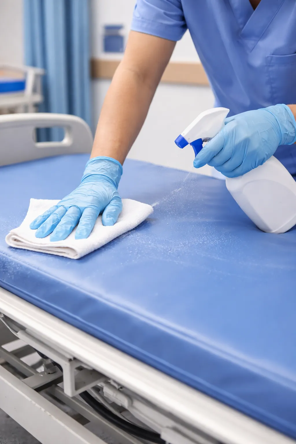 Healthcare cleaning professional disinfecting a hospital bed with EPA-registered disinfectant
